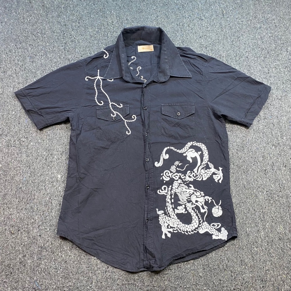Pazzo Dragon Cross Shirt Sz XXL Mens Black Grunge Y2K Streetwear Button Up